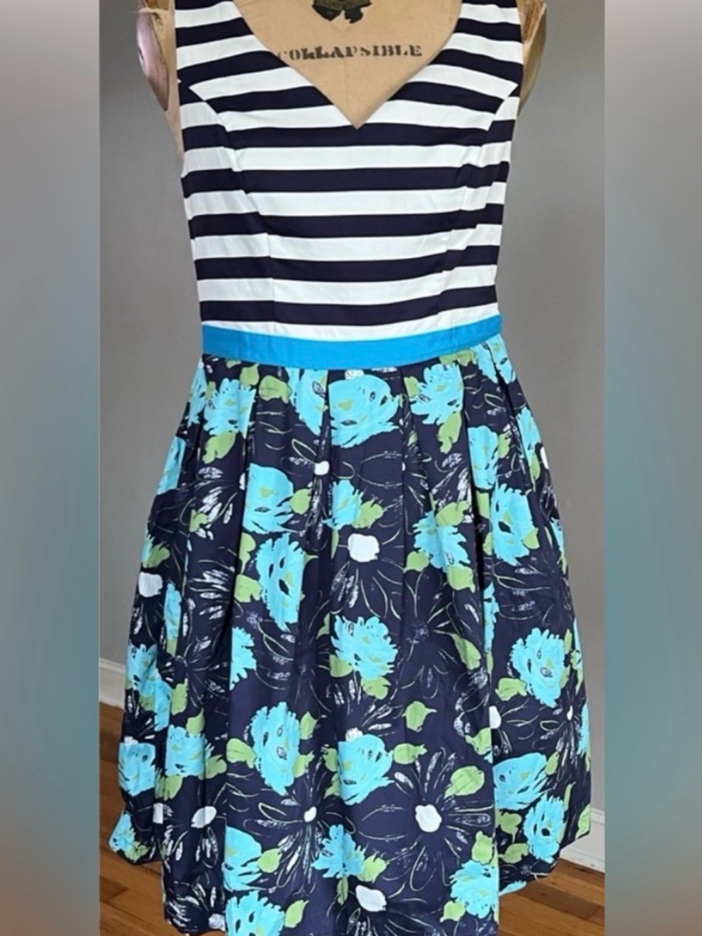 Modcloth Intriguing On Arrival Stripe Floral Pleated Fit & Flare Dress M